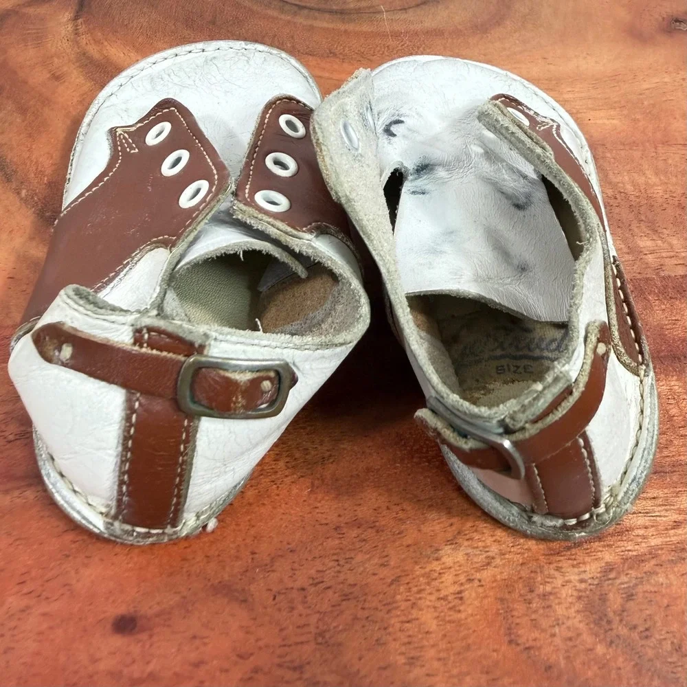 Vintage Leather Baby Saddle Shoes Brown White Buckle Heel Infant EST Sz 2 1950s